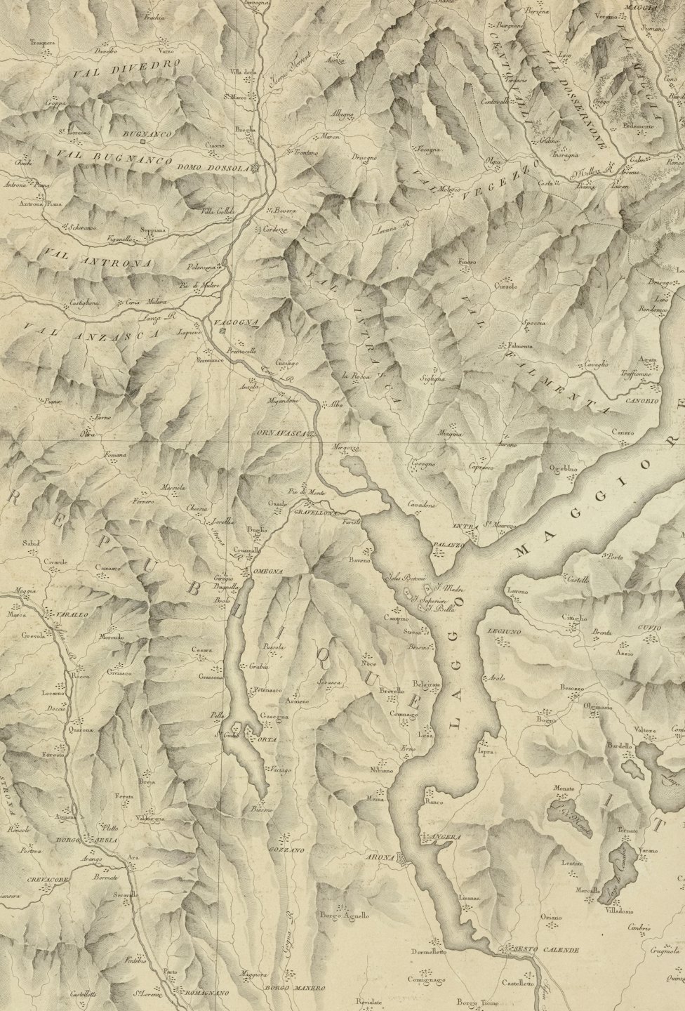 Mappa antica dettagliata che mostra montagne e laghi italiani.